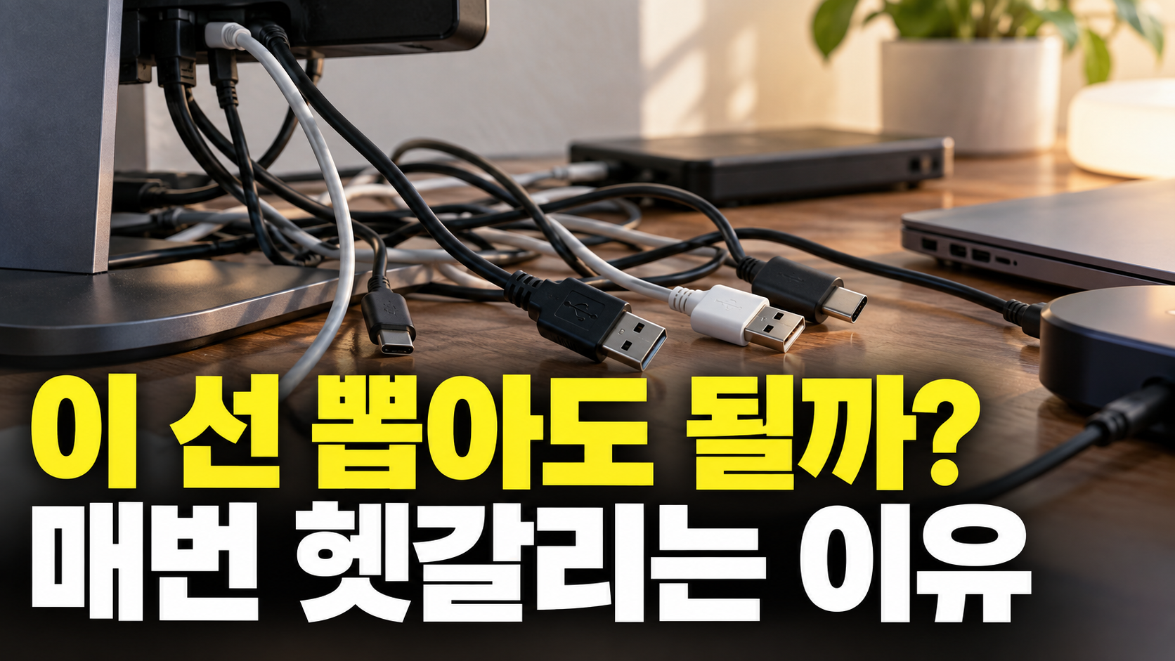 이 선 뽑아도 될까? · 매번 헷갈리는 이유 — 책상 케이블 정리, 필요한 선을 바로 찾는 이름표 붙이기 설명용 생성 이미지