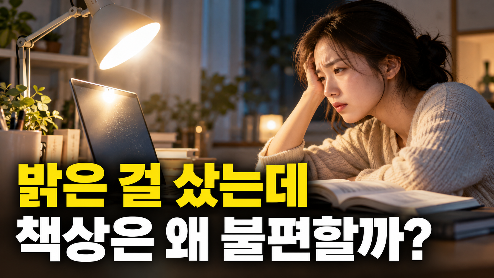 밝은 걸 샀는데 · 책상은 왜 불편할까? — 책상 스탠드 고르는 법, 밝기보다 먼저 확인할 설치 자리 설명용 생성 이미지