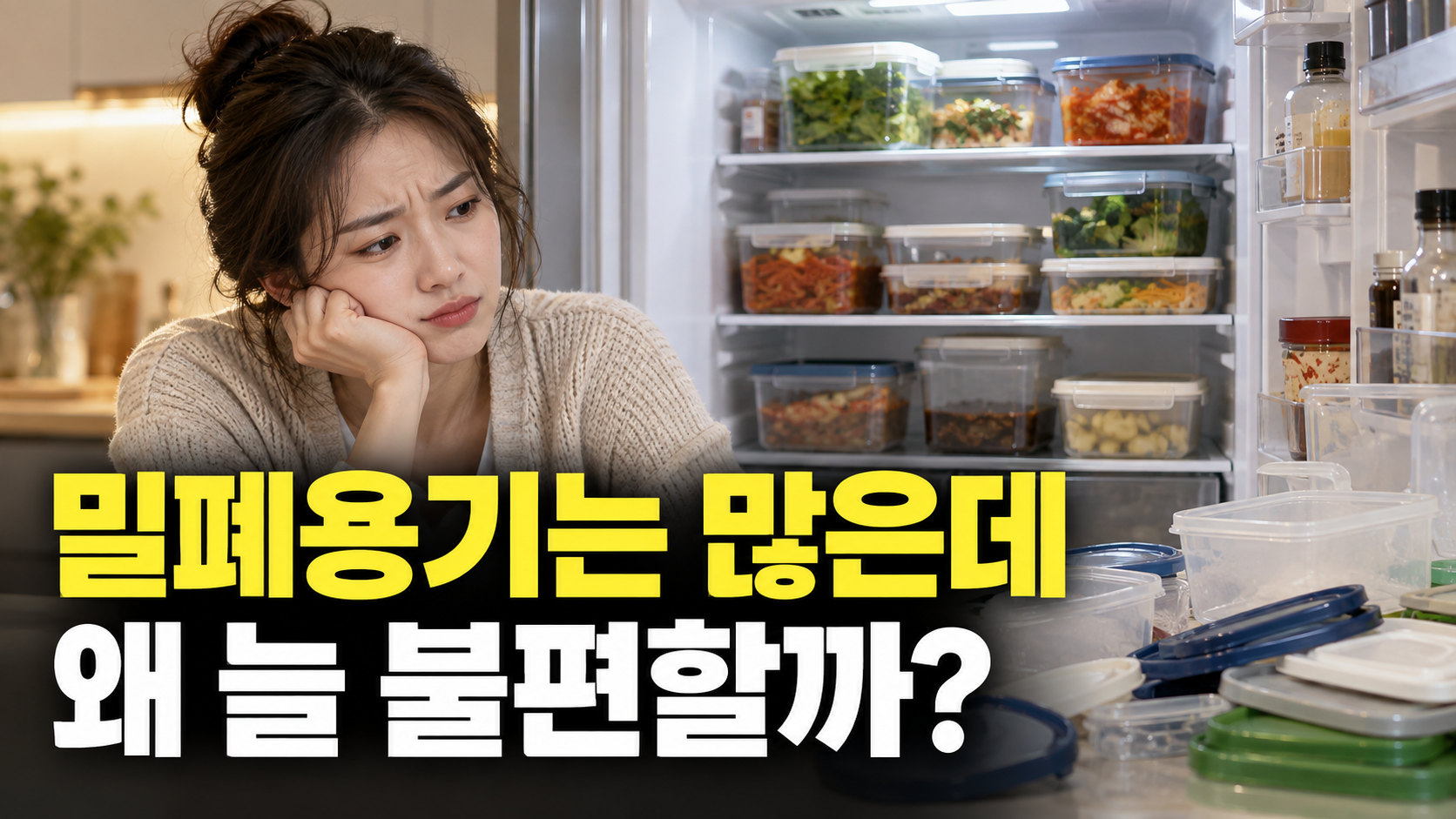 밀폐용기는 많은데 · 왜 늘 불편할까? — 밀폐용기 고르는 법, 뚜껑 찾기부터 냉장고 수납까지 설명용 생성 이미지