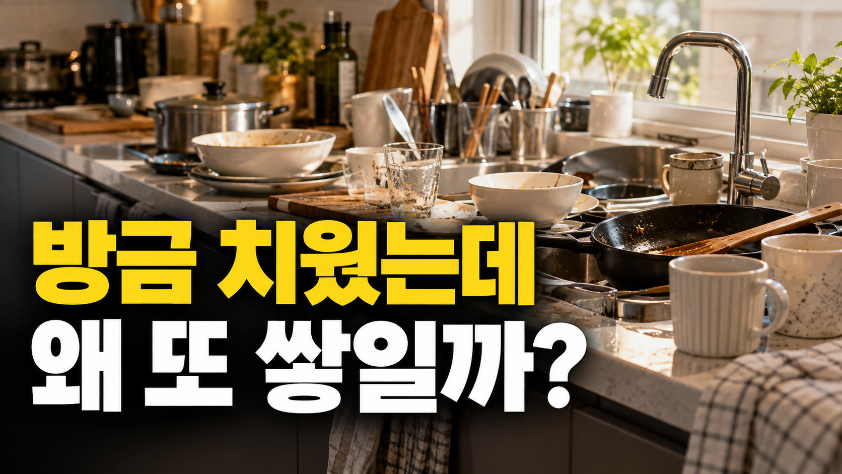 방금 치웠는데 · 왜 또 쌓일까? — 주방 정리, 치워도 다시 나오는 물건의 공통점 설명용 생성 이미지