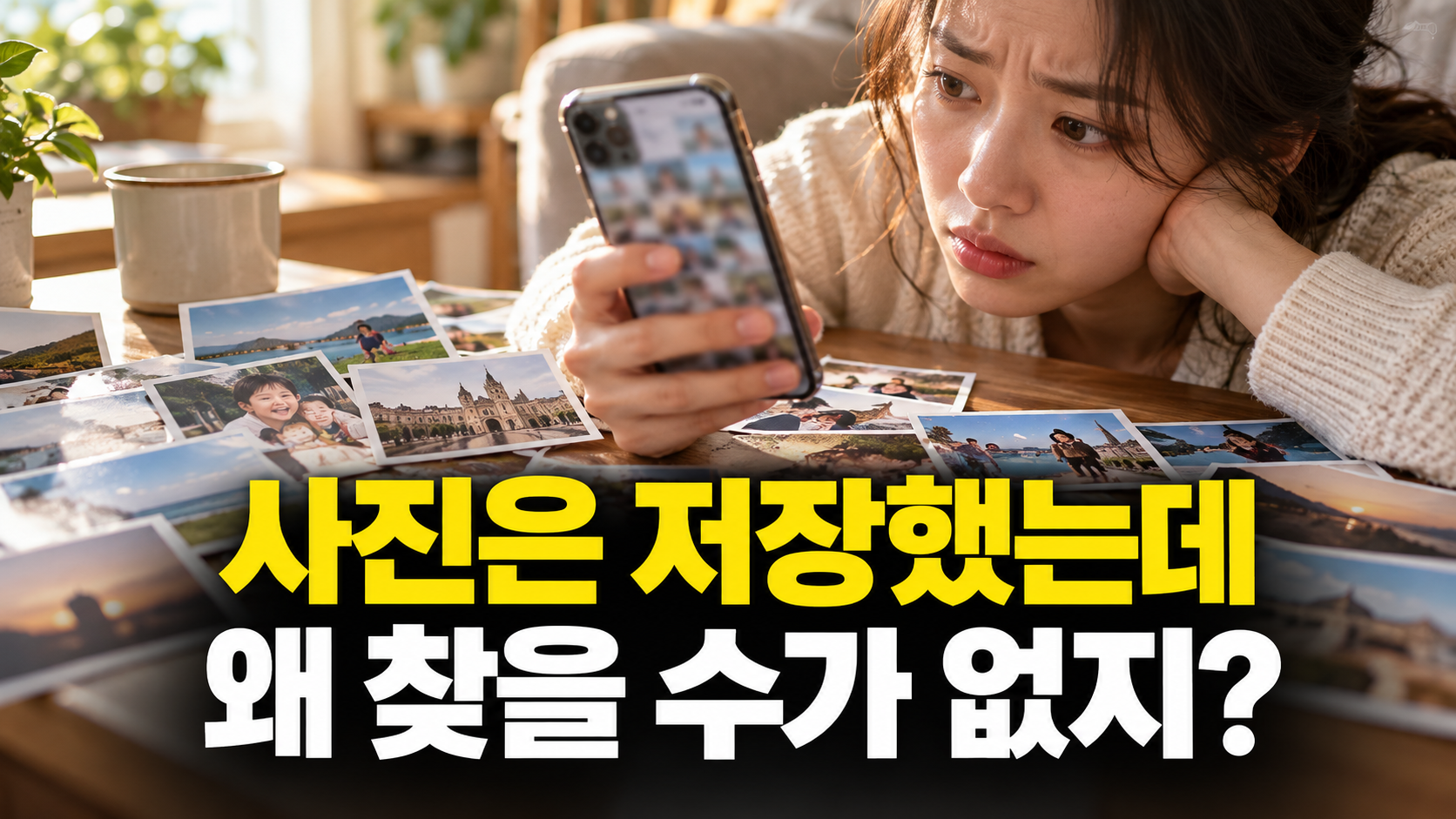 사진은 저장했는데 · 왜 찾을 수가 없지? — 휴대폰 사진 정리, 앨범 세 개로 필요한 사진 쉽게 찾기 설명용 생성 이미지
