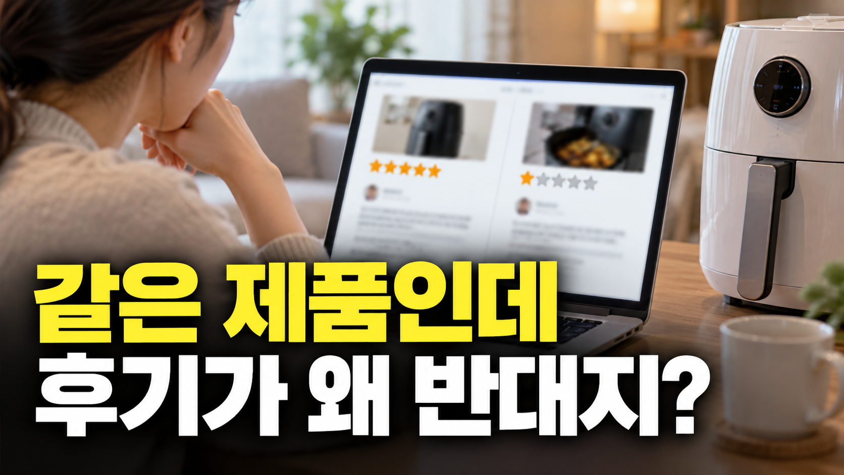 같은 제품인데 · 후기가 왜 반대지? — 상품 후기 읽는 법, 상반된 평가 속에서 내 기준 찾기 설명용 생성 이미지