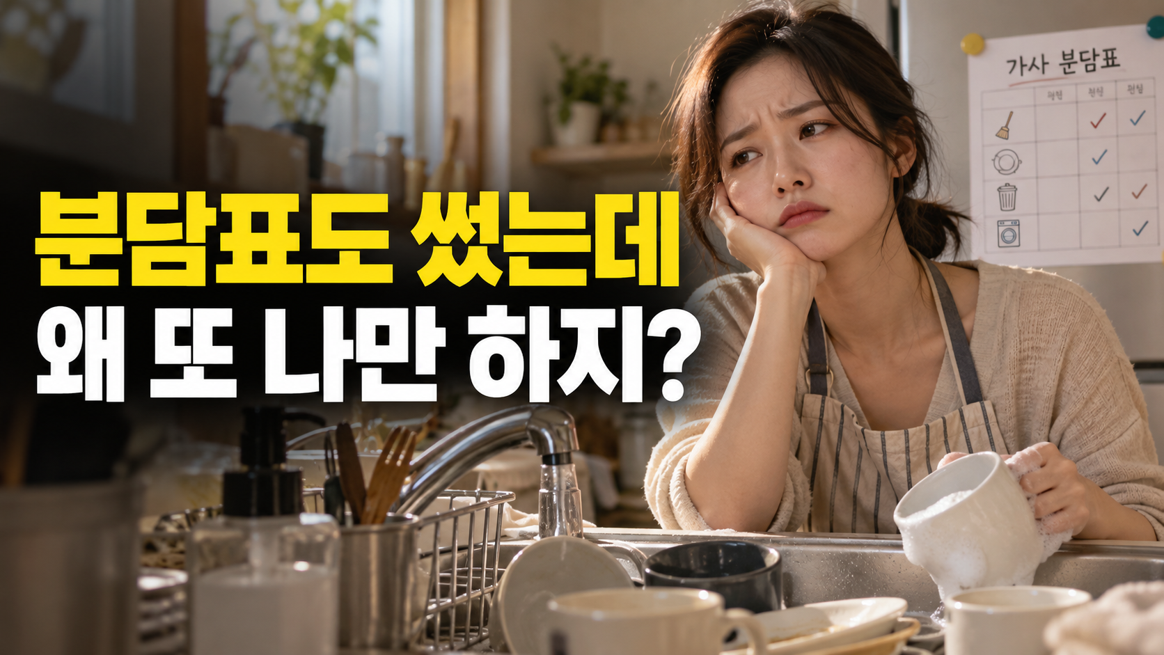 분담표도 썼는데 · 왜 또 나만 하지? — 집안일 분담표를 써도 부탁이 반복되는 이유 설명용 생성 이미지