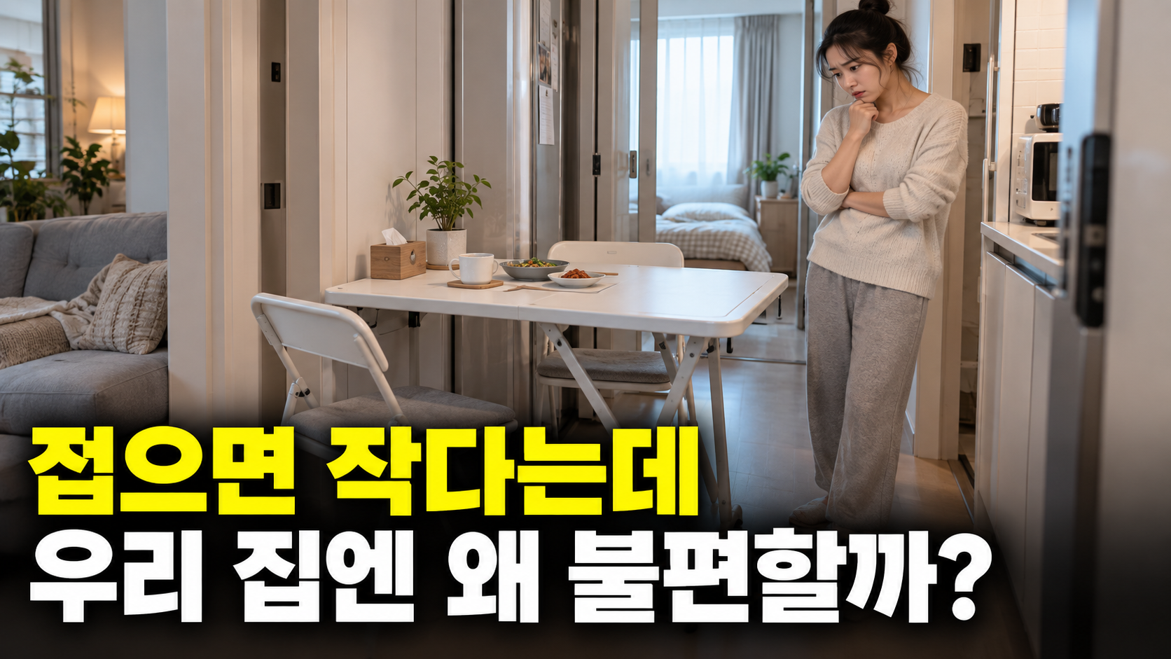 접으면 작다는데 · 우리 집엔 왜 불편할까? — 작은 집 접이식 가구, 펼친 크기만 보면 놓치는 것 설명용 생성 이미지