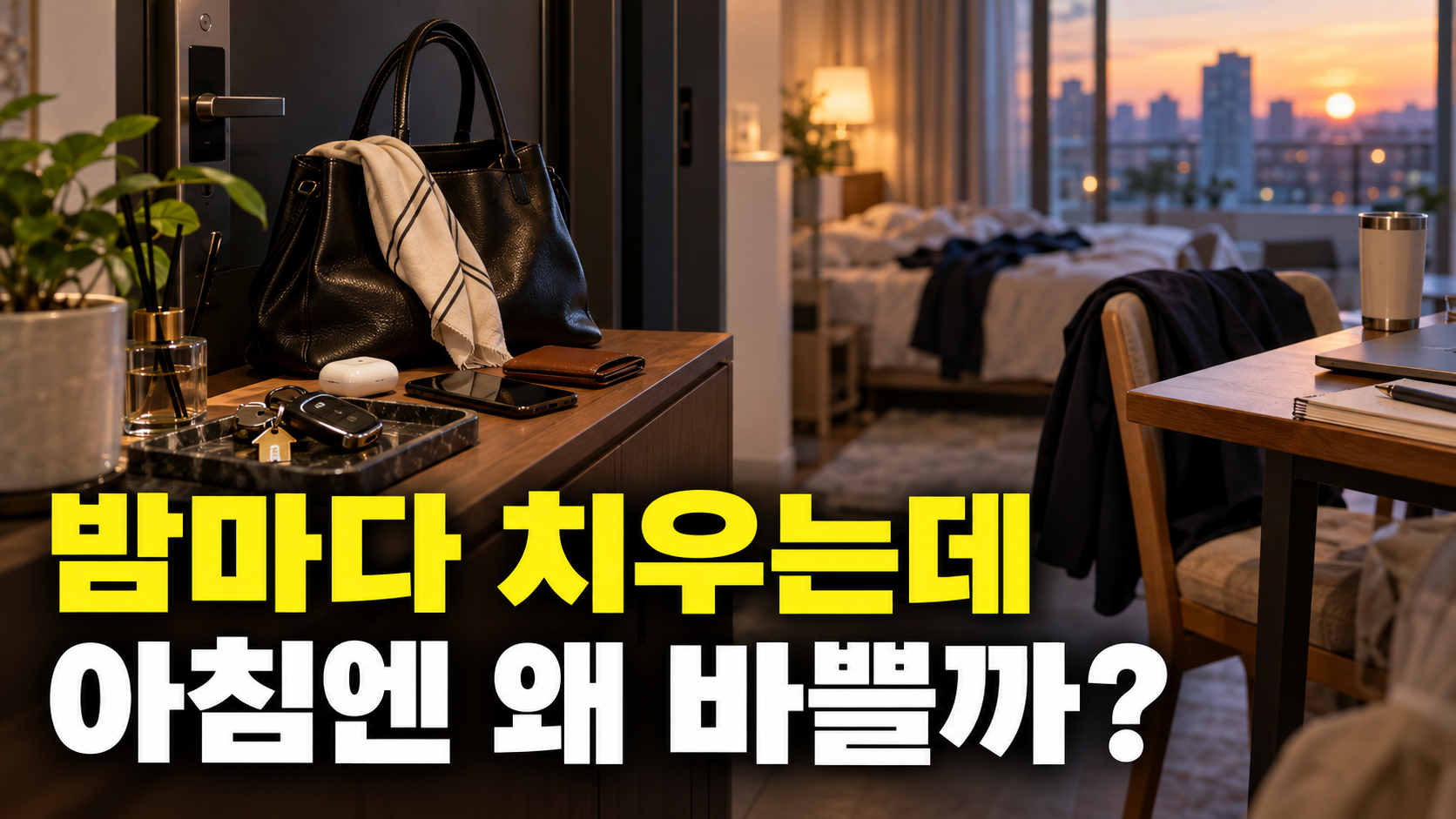 밤마다 치우는데 · 아침엔 왜 바쁠까? — 저녁 정리 10분, 내일 아침 쓸 공간 하나만 비워보세요 설명용 생성 이미지