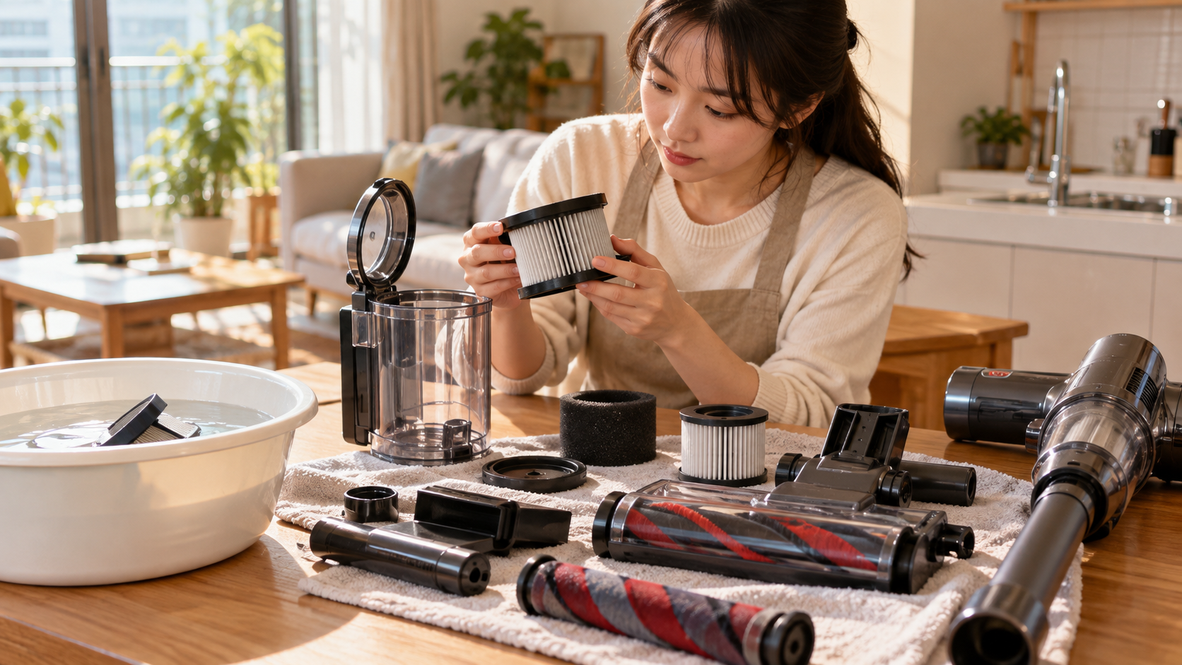 필터와 브러시는 모델별 안내를 따라야 해요 — 설명용 생성 이미지