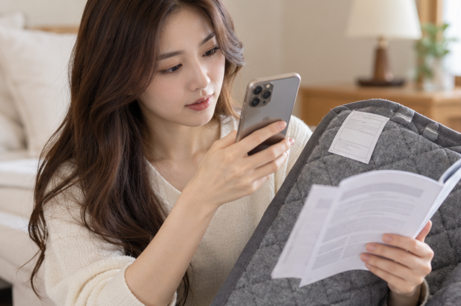 전기요 표시사항과 안전 인증 정보를 종이 자료로 확인하는 성인 여성 — 설명용 생성 이미지