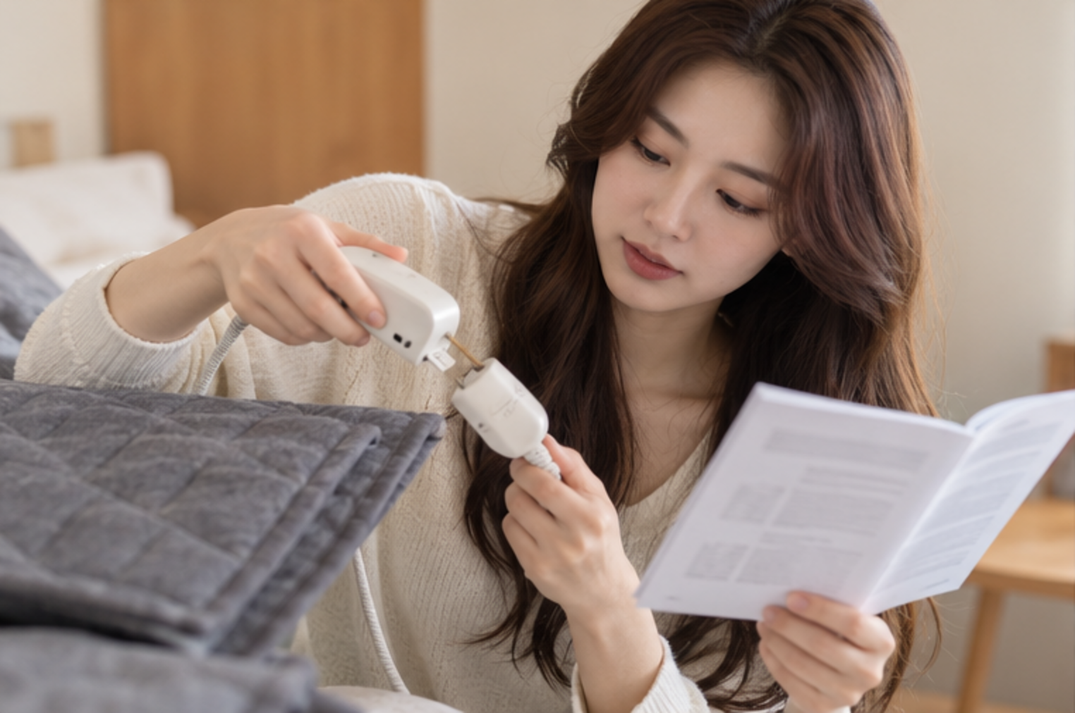 전기요 조절기를 분리하고 세탁 전 관리표시를 확인하는 성인 여성 — 설명용 생성 이미지