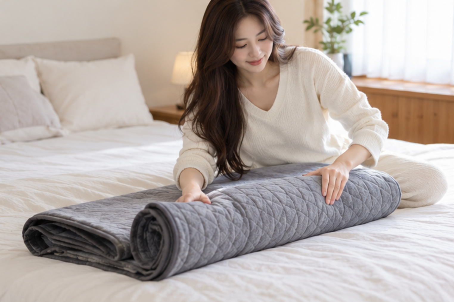 전기요를 날카롭게 접지 않고 느슨하게 말아 전원선과 함께 보관하는 성인 여성 — 설명용 생성 이미지