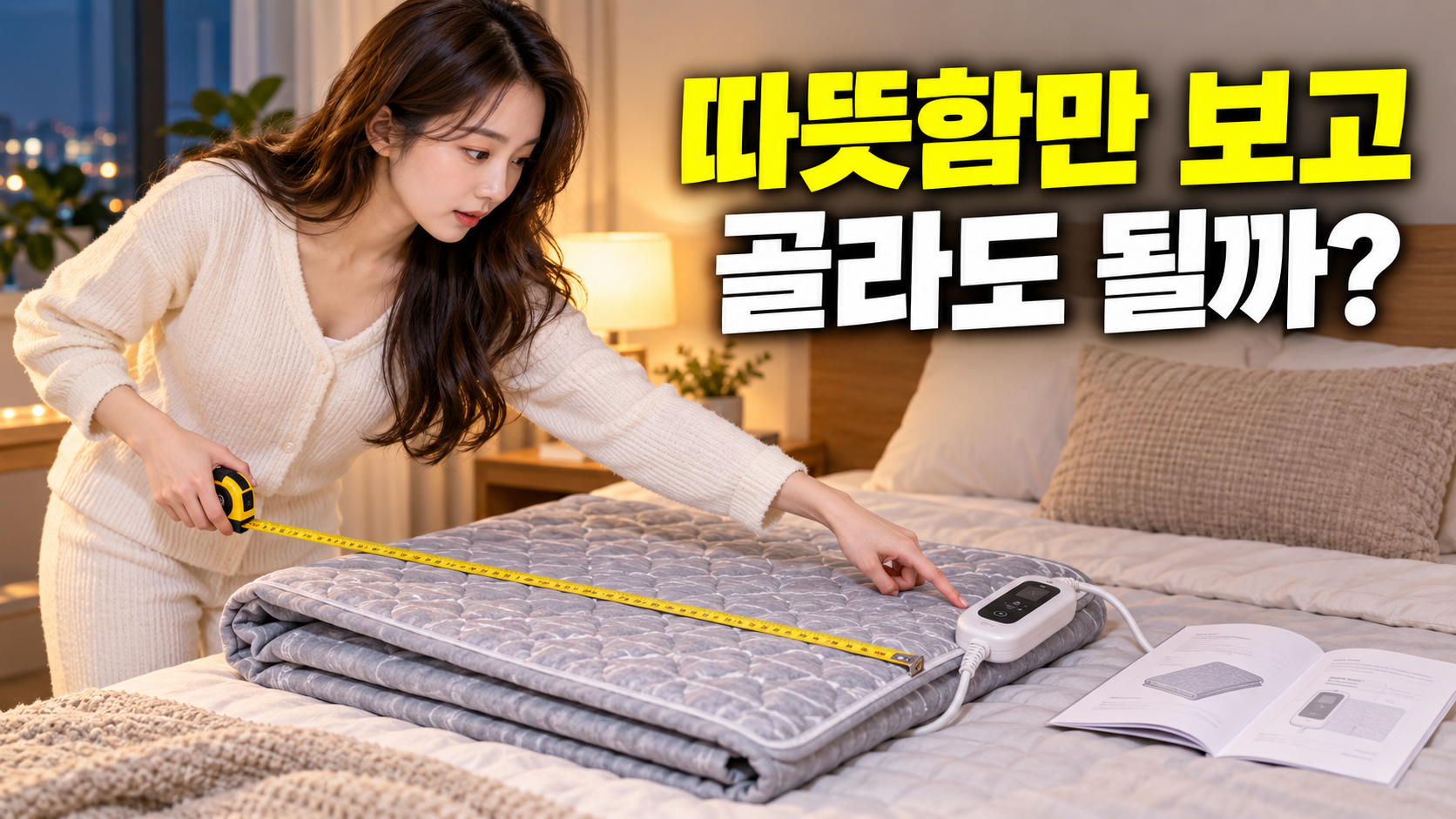 따뜻함만 보고 전기요를 골라도 되는지 고민하는 성인 여성 — 전기요 선택 기준 설명용 생성 이미지