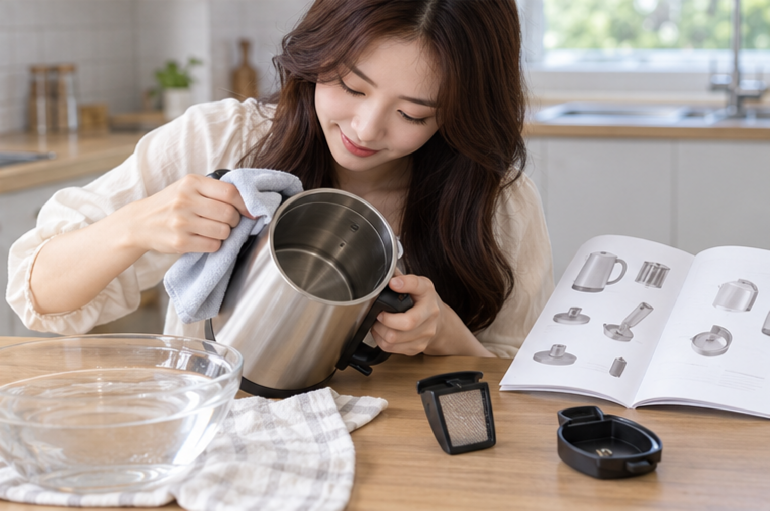 설명서 옆에서 구연산 세척 준비와 분리형 주둥이 필터를 확인하는 성인 여성 — 설명용 생성 이미지