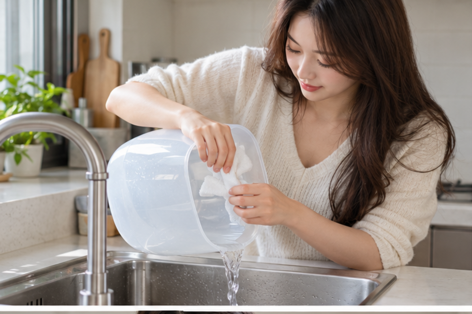 남은 물을 싱크대에 비우고 새 물을 준비하는 성인 여성 — 가습기 물 관리 설명용 생성 이미지