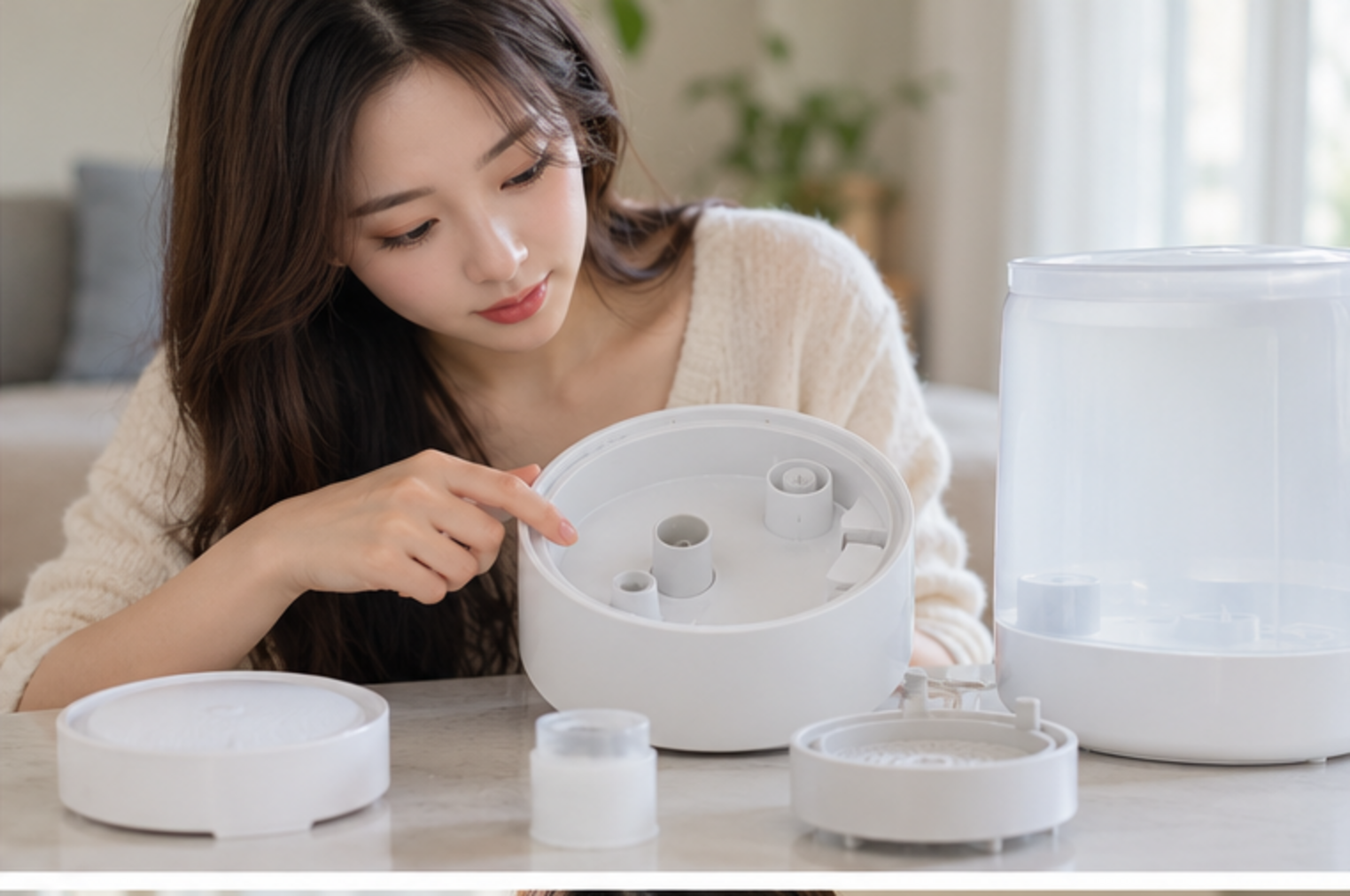 가습기 받침과 분무구, 패킹 등 젖는 부품을 분리해 닦는 성인 여성 — 설명용 생성 이미지