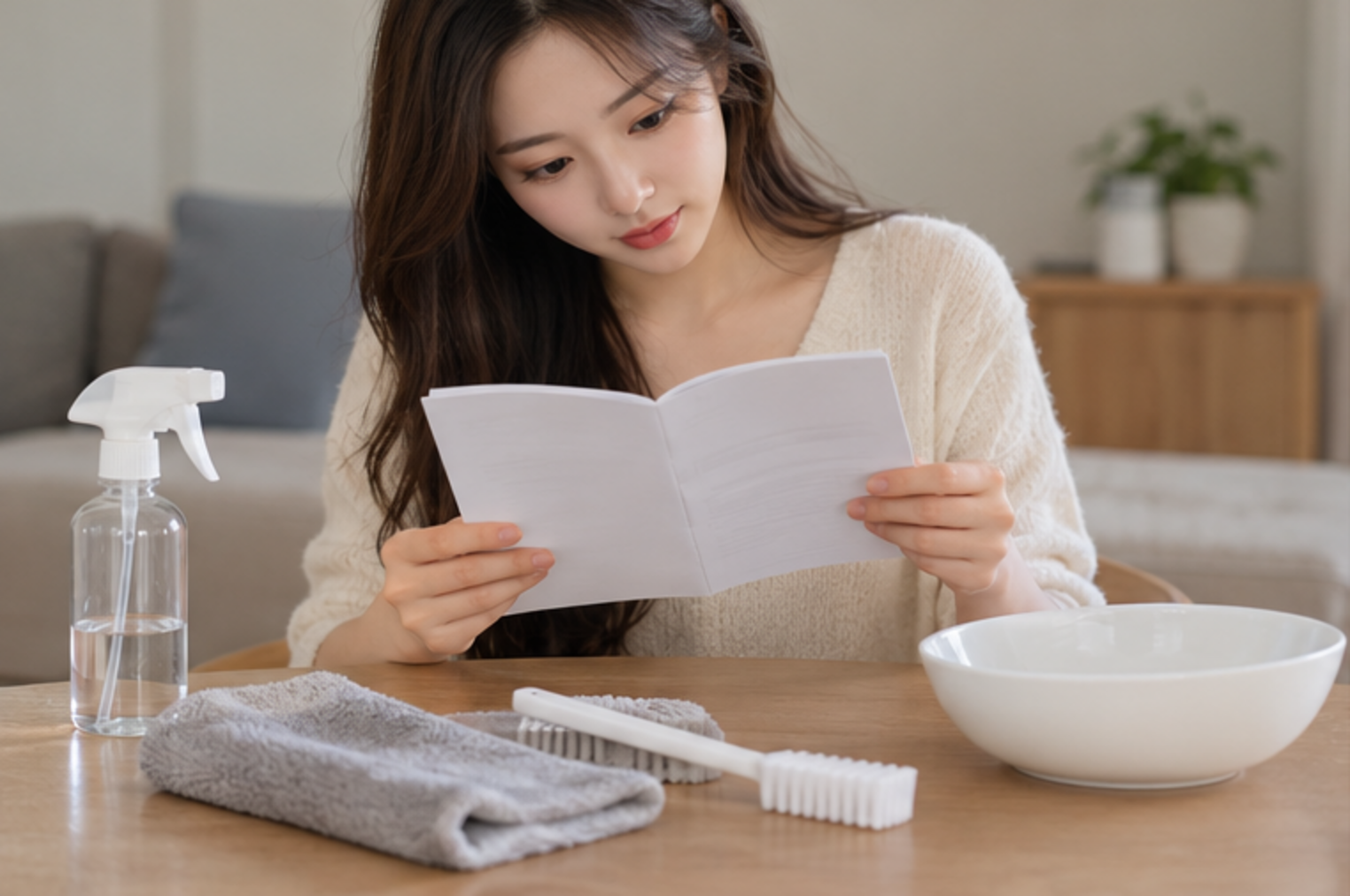 분리한 가습기 부품 옆에서 제품 설명서를 확인하는 성인 여성 — 설명용 생성 이미지