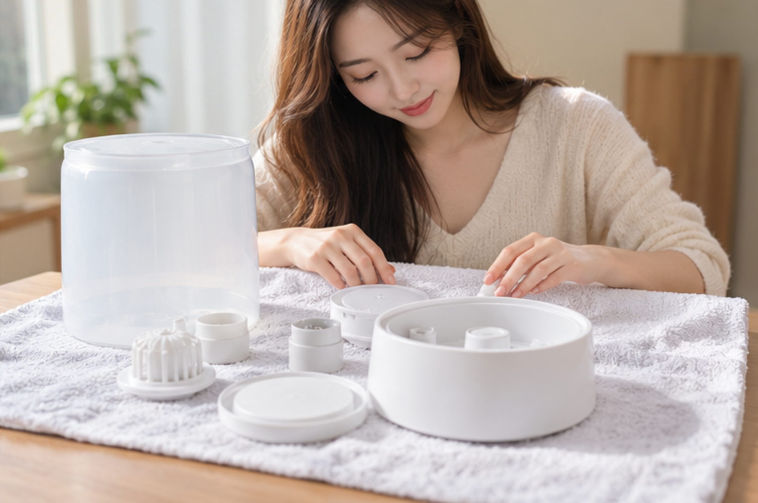 세척한 가습기 부품을 수건 위에 뒤집어 완전히 말리는 성인 여성 — 설명용 생성 이미지