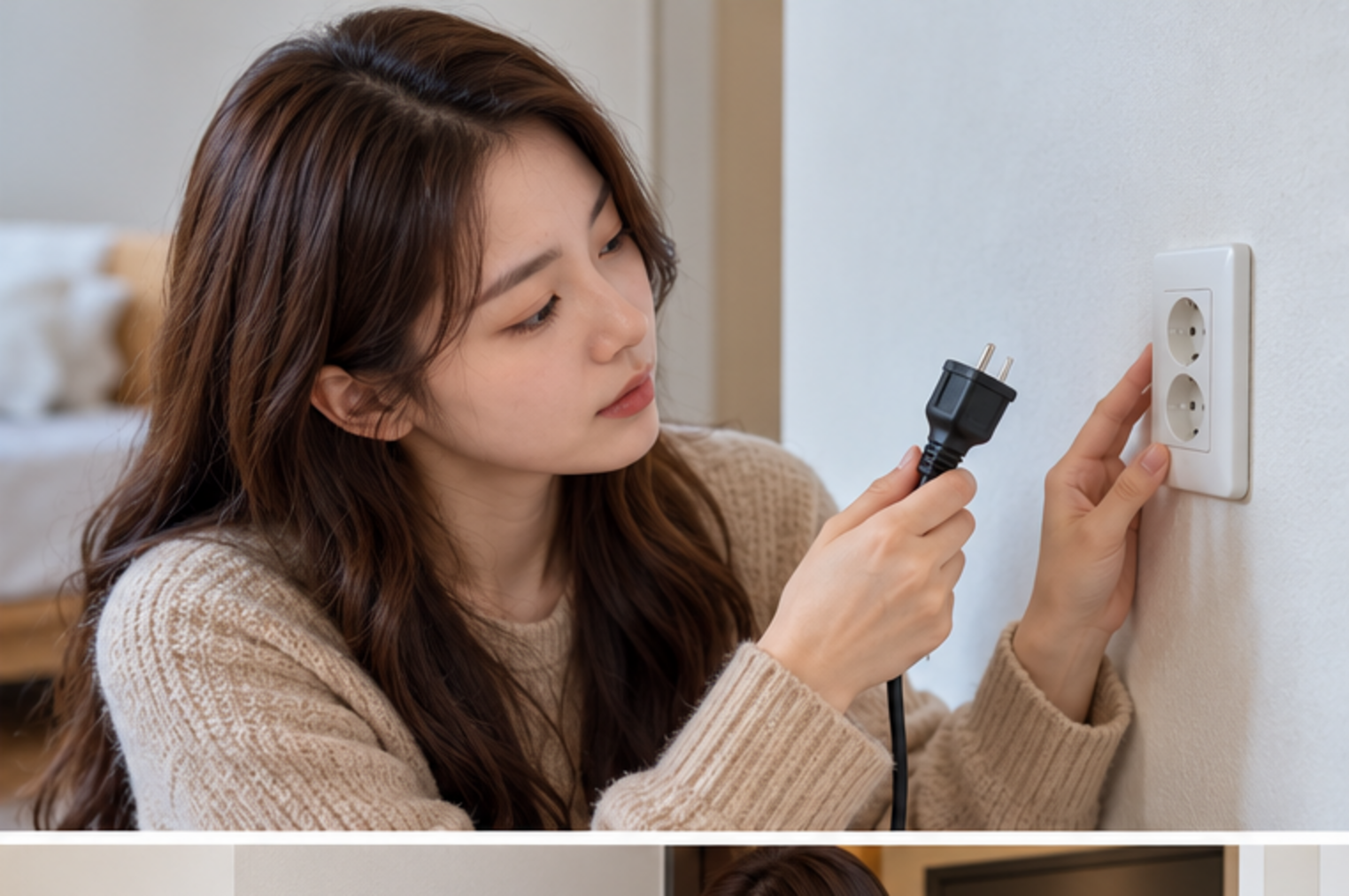전원을 분리한 뒤 히터 플러그와 콘센트의 변색과 손상을 확인하는 성인 여성 — 설명용 생성 이미지