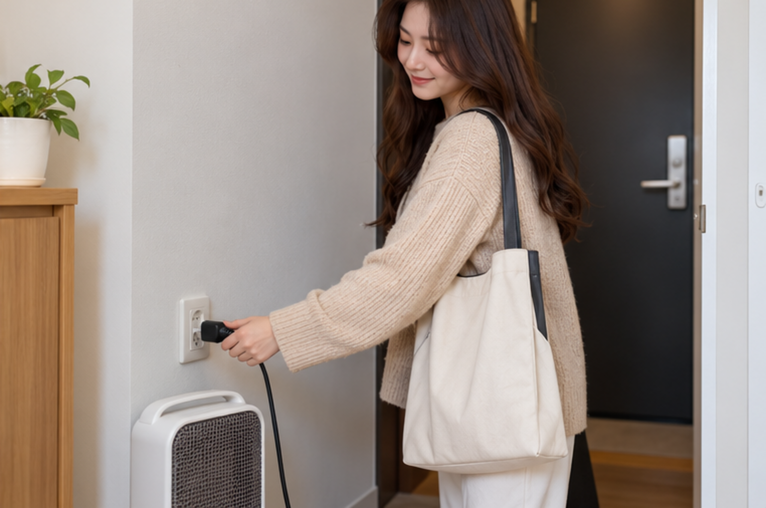 외출하기 전 전기히터 전원을 끄고 플러그를 분리하는 성인 여성 — 설명용 생성 이미지