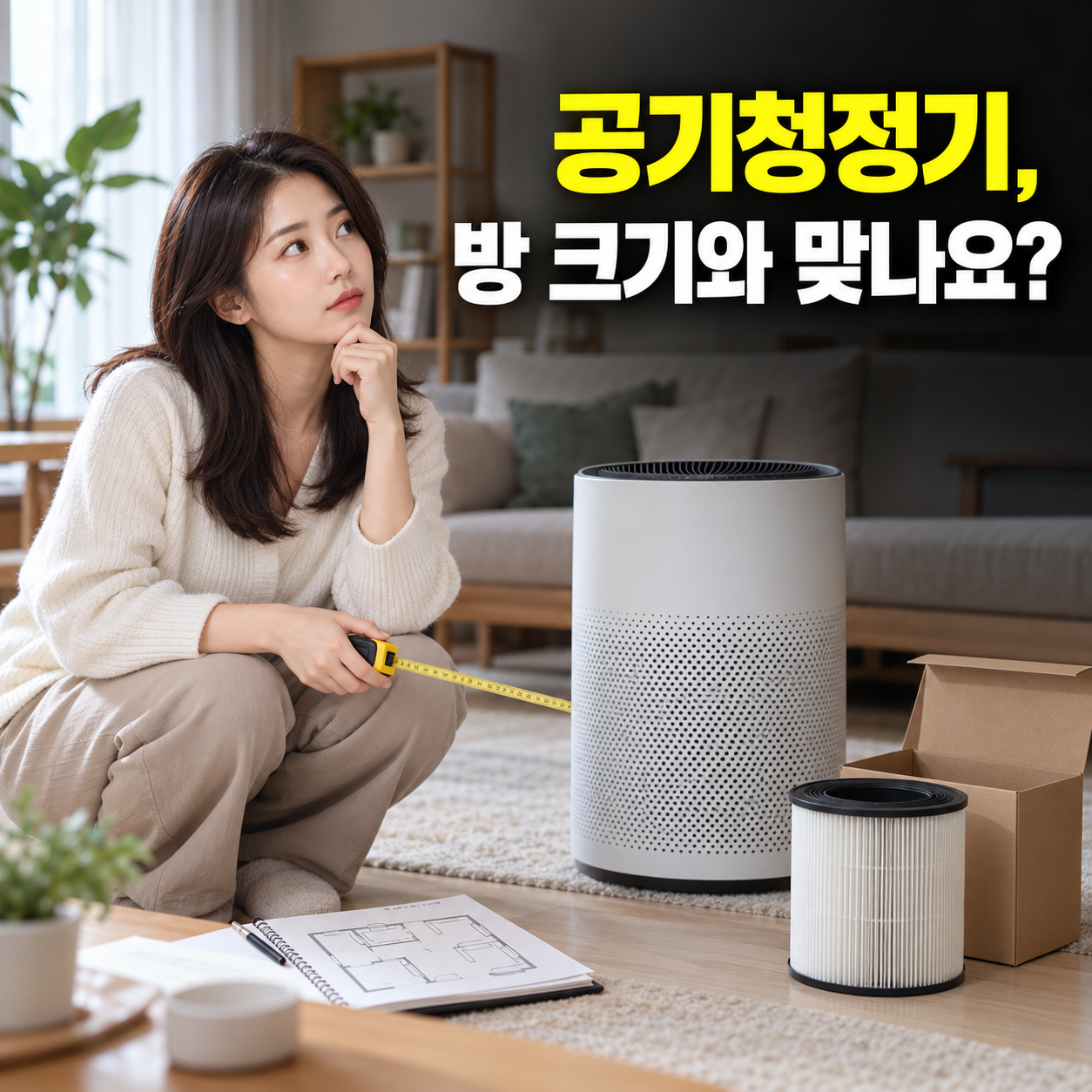거실 크기와 공기청정기를 비교하는 성인 한국 여성 — 설명용 생성 이미지