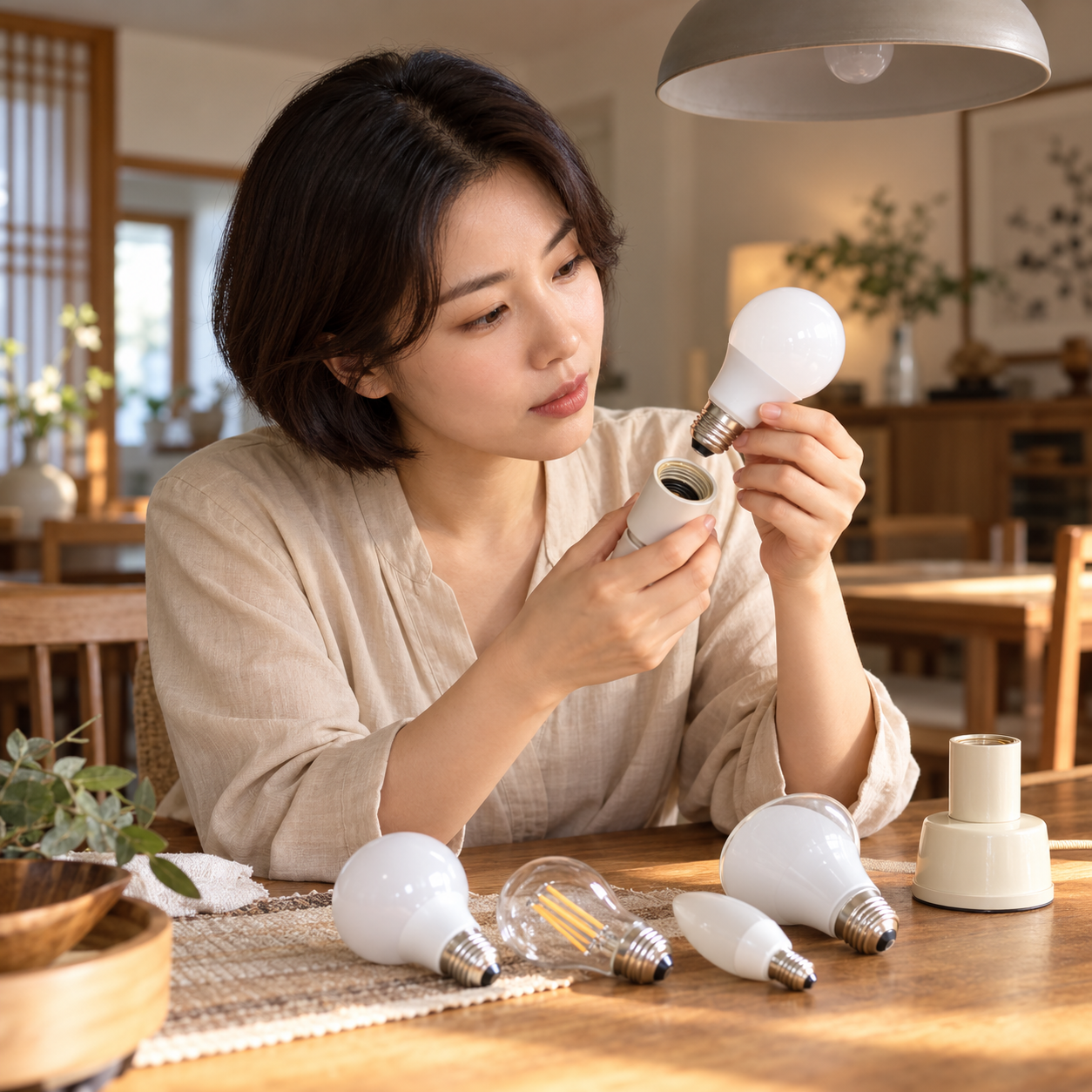 기존 전구의 소켓과 새 LED 전구 밑면을 비교하는 성인 한국 여성 — 전구 선택 설명용 생성 이미지