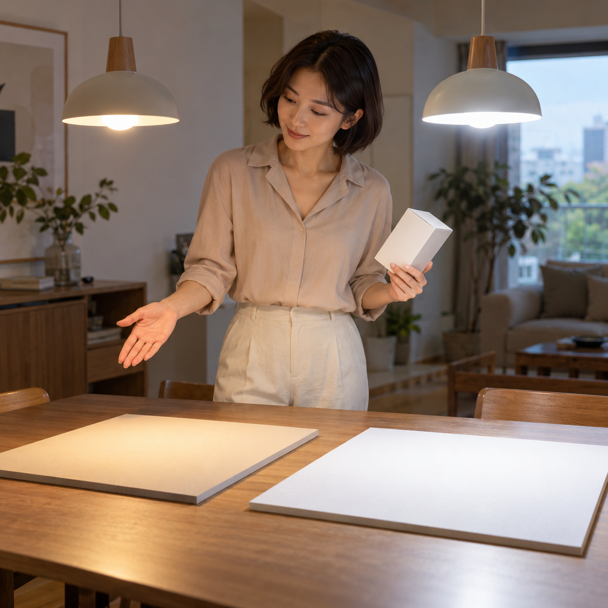 서로 다른 밝기의 LED 전구가 비추는 공간을 비교하는 성인 한국 여성 — 루멘 설명용 생성 이미지