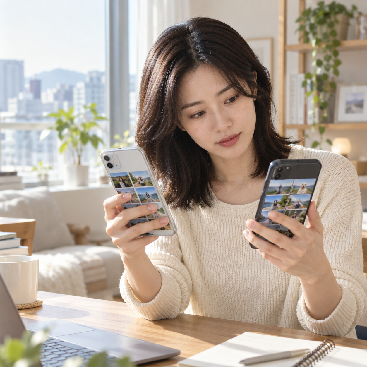 두 휴대폰의 사진 수와 저장 위치를 비교하는 성인 한국 여성 — 사진 백업 확인을 설명하는 생성 이미지