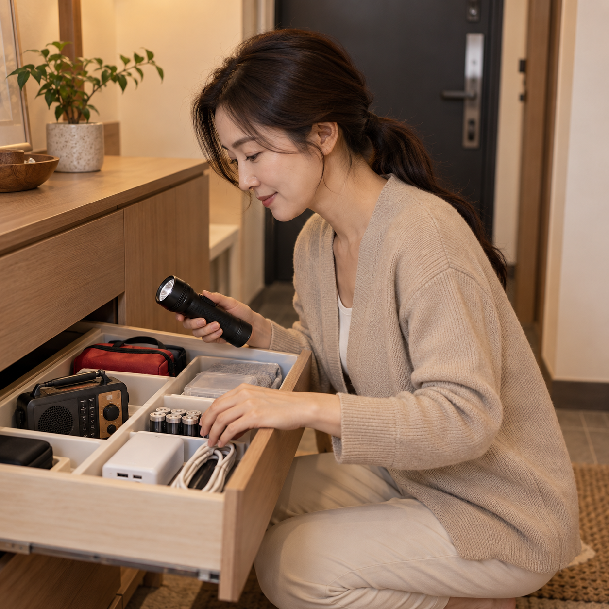 현관 수납함에 손전등과 배터리, 보조배터리를 정리하는 성인 한국 여성 — 정전 대비 설명용 생성 이미지