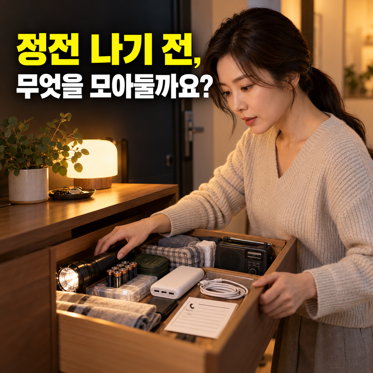 정전 대비 물품 서랍을 점검하는 성인 한국 여성 — 설명용 생성 이미지