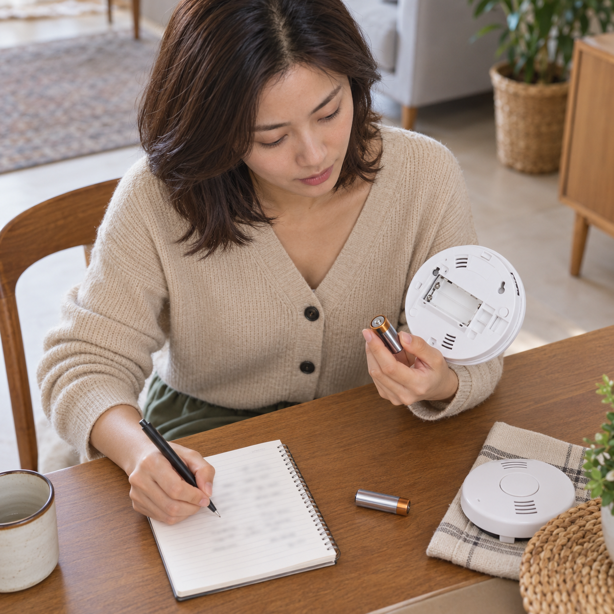 일산화탄소 경보기 배터리와 교체 날짜를 점검하는 성인 한국 여성의 설명용 생성 이미지