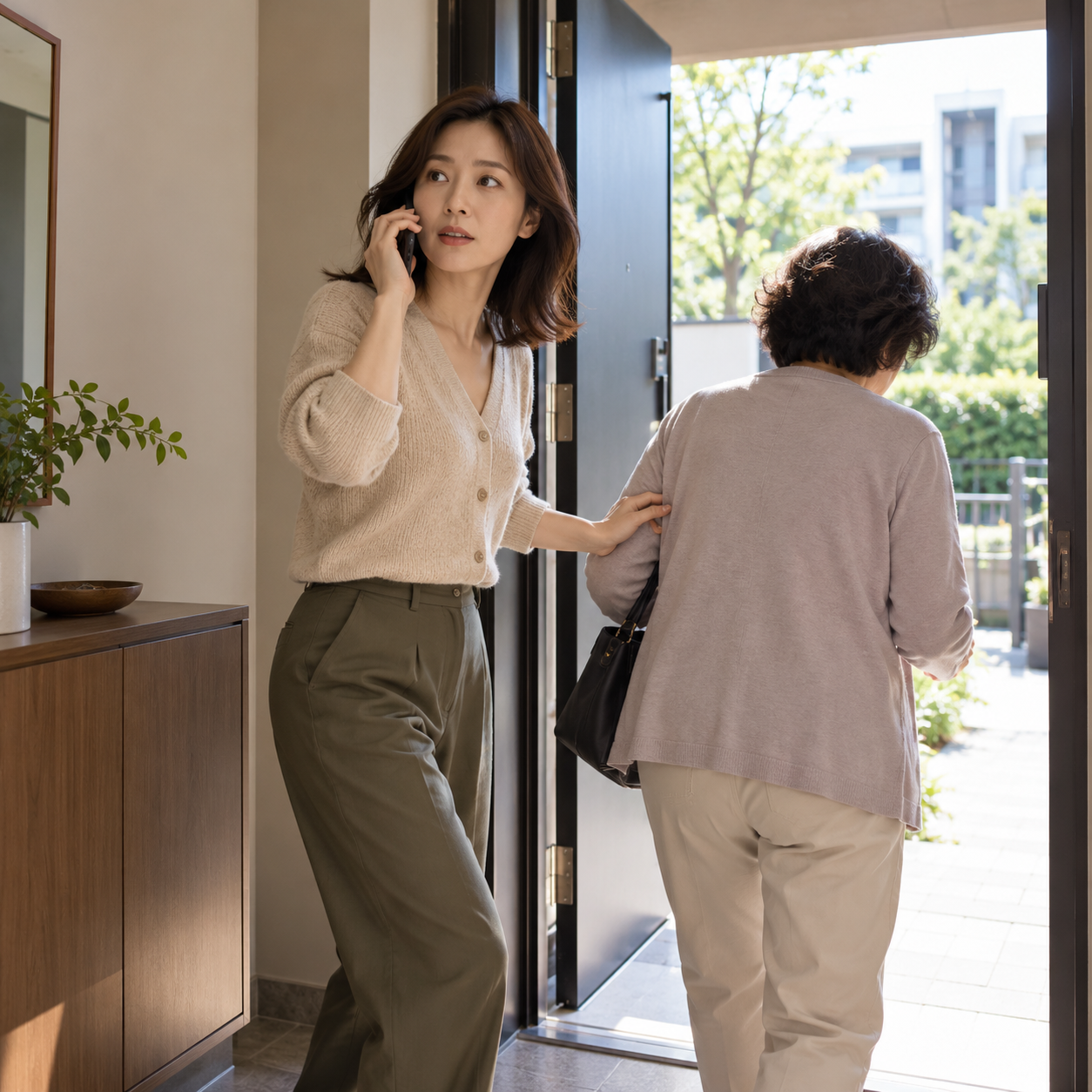 일산화탄소 경보 뒤 집 밖으로 이동하며 도움을 요청하는 가족의 설명용 생성 이미지