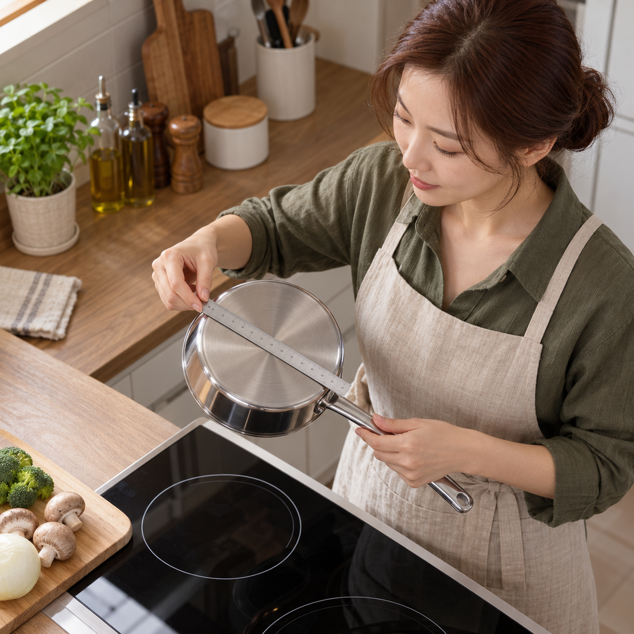 인덕션 냄비 바닥 지름과 조리 영역을 비교하는 성인 한국 여성의 설명용 생성 이미지