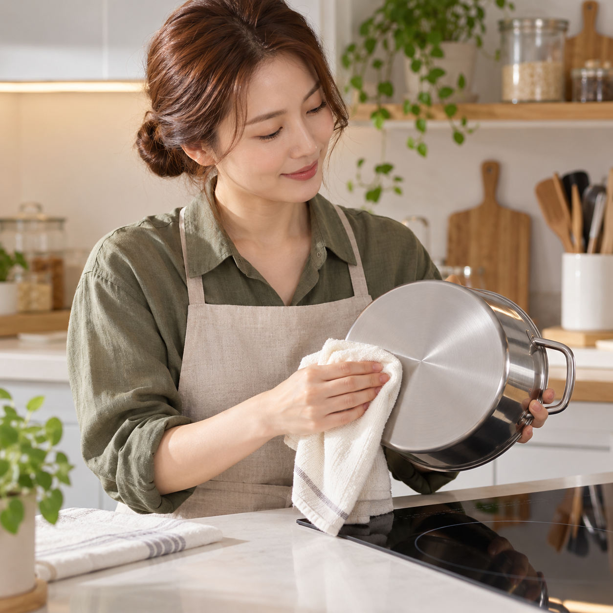 인덕션 냄비의 평평한 바닥을 부드러운 천으로 닦는 성인 한국 여성의 설명용 생성 이미지