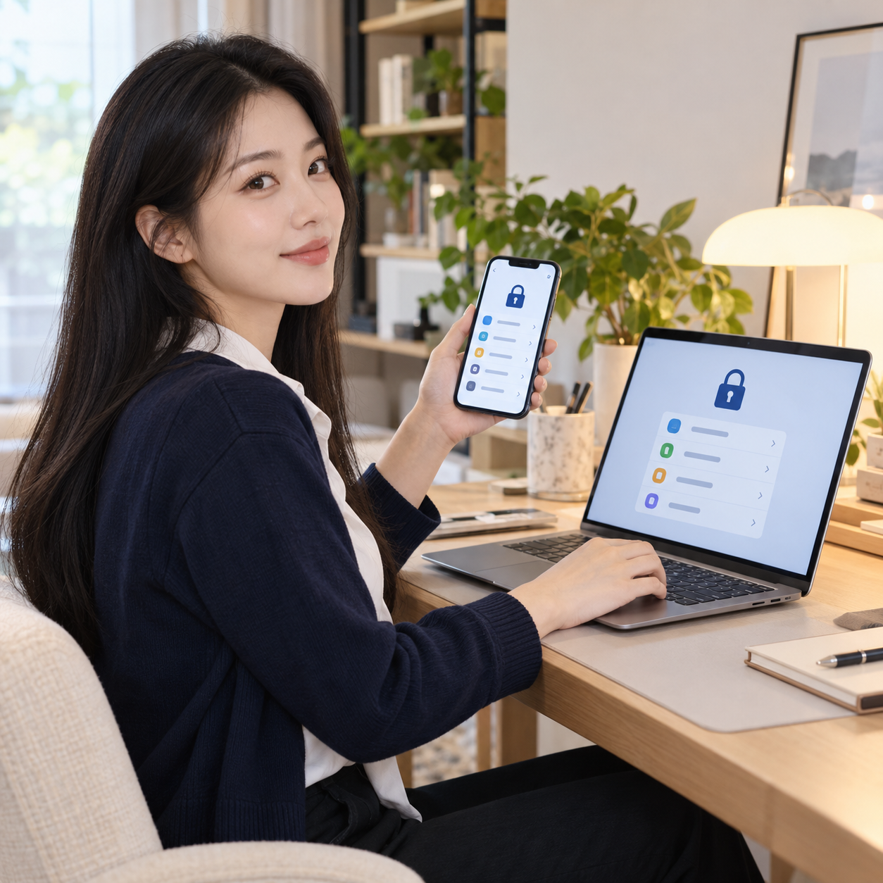 노트북과 휴대전화에서 비밀번호 관리도구를 확인하는 성인 한국 여성의 설명용 생성 이미지
