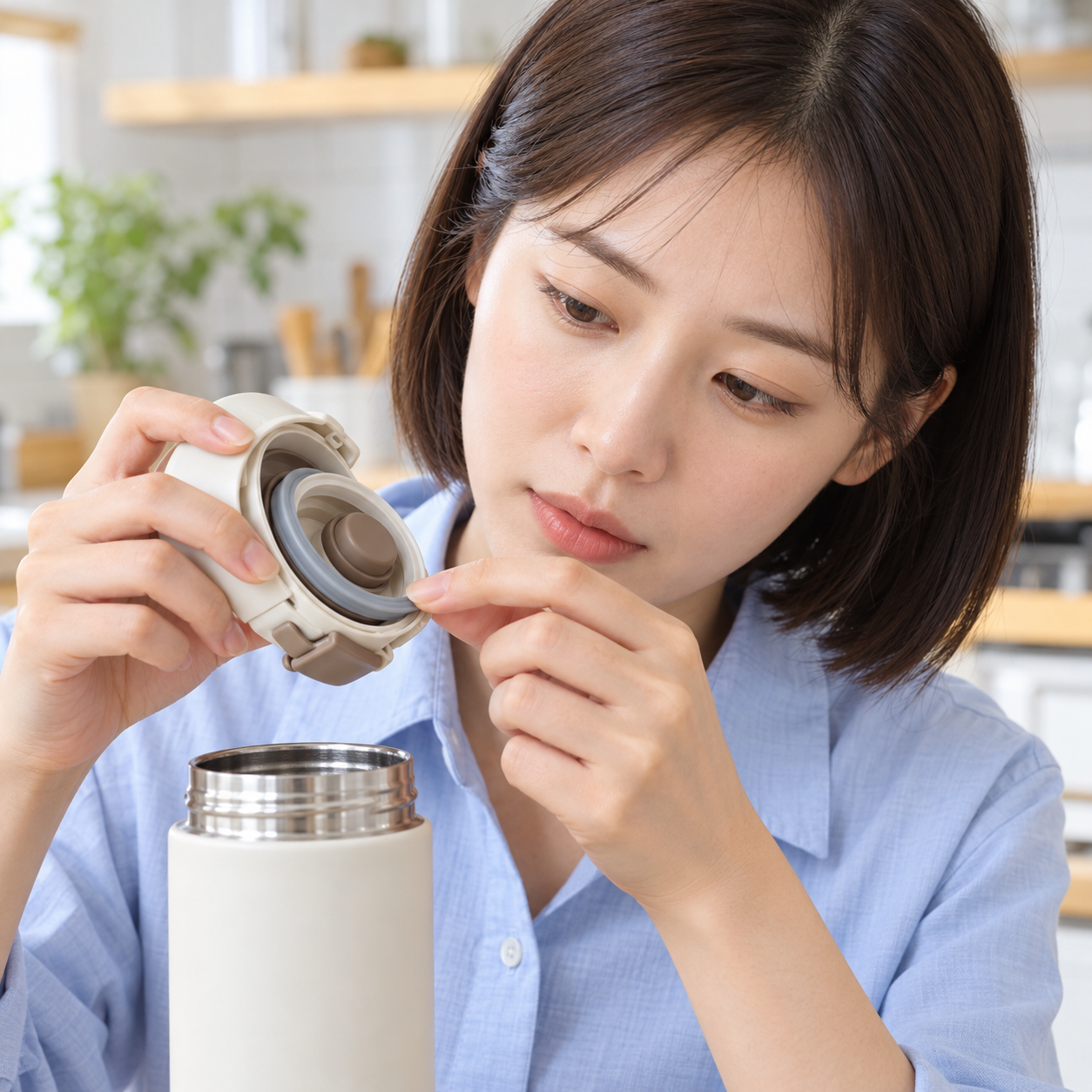 보온병 마개의 실리콘 패킹과 홈을 점검하는 성인 한국 여성의 설명용 생성 이미지