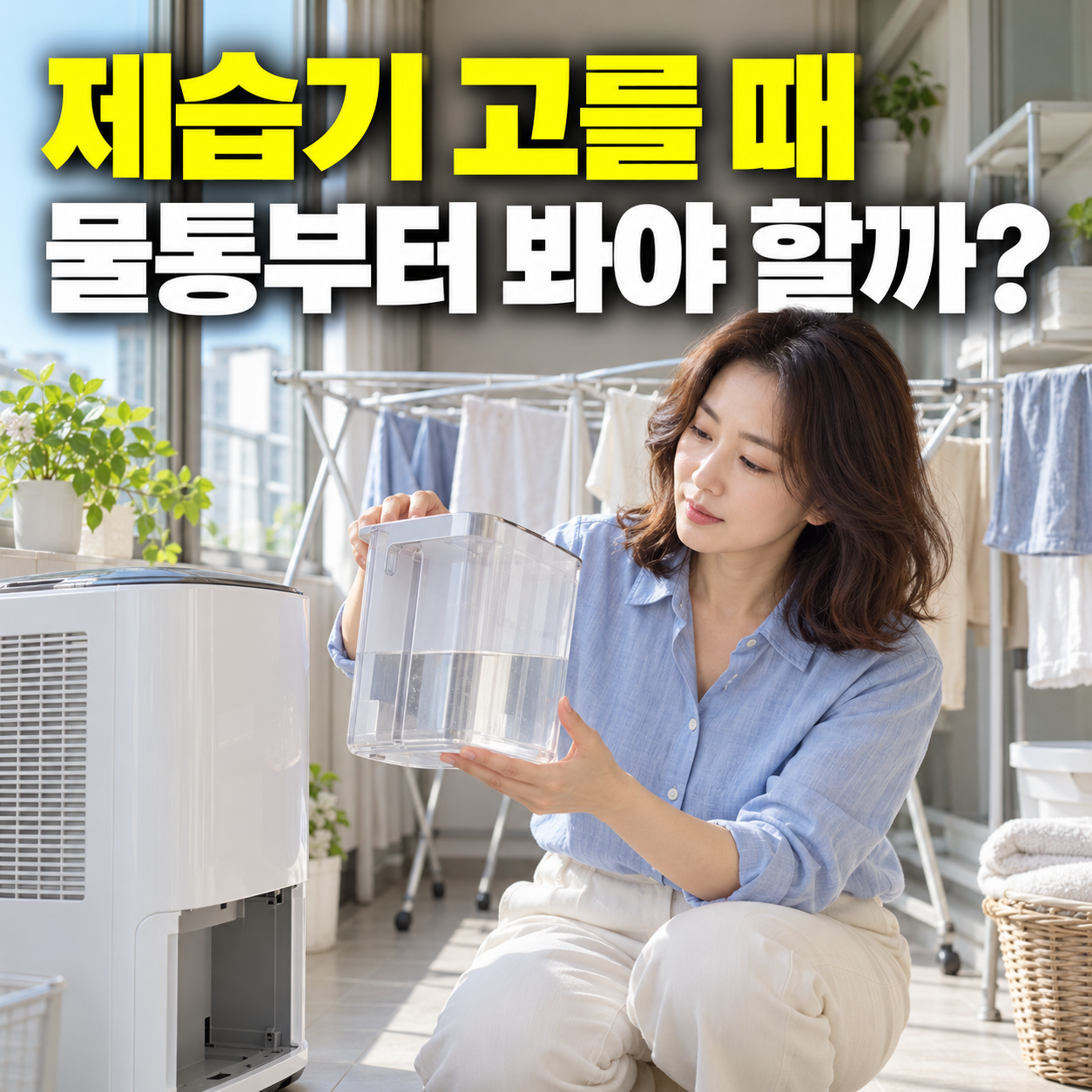 제습기 물통을 꺼내 관리 동선을 확인하는 성인 한국 여성 — 설명용 생성 이미지