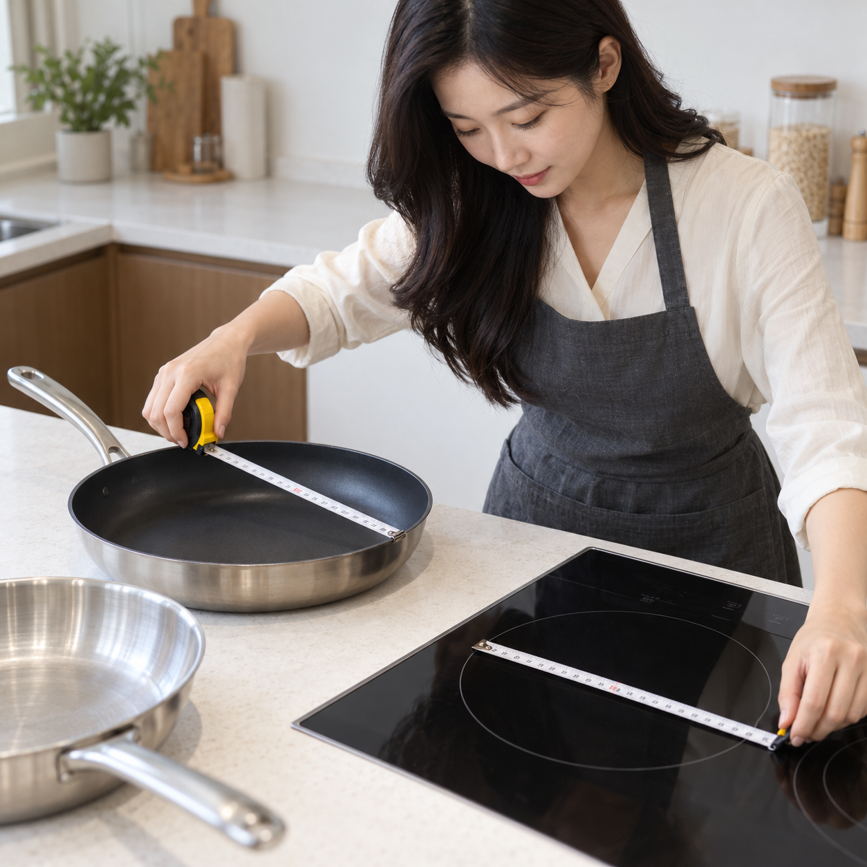 프라이팬 조리면과 조리대 크기를 줄자로 확인하는 성인 한국 여성 — 팬 선택 설명용 생성 이미지