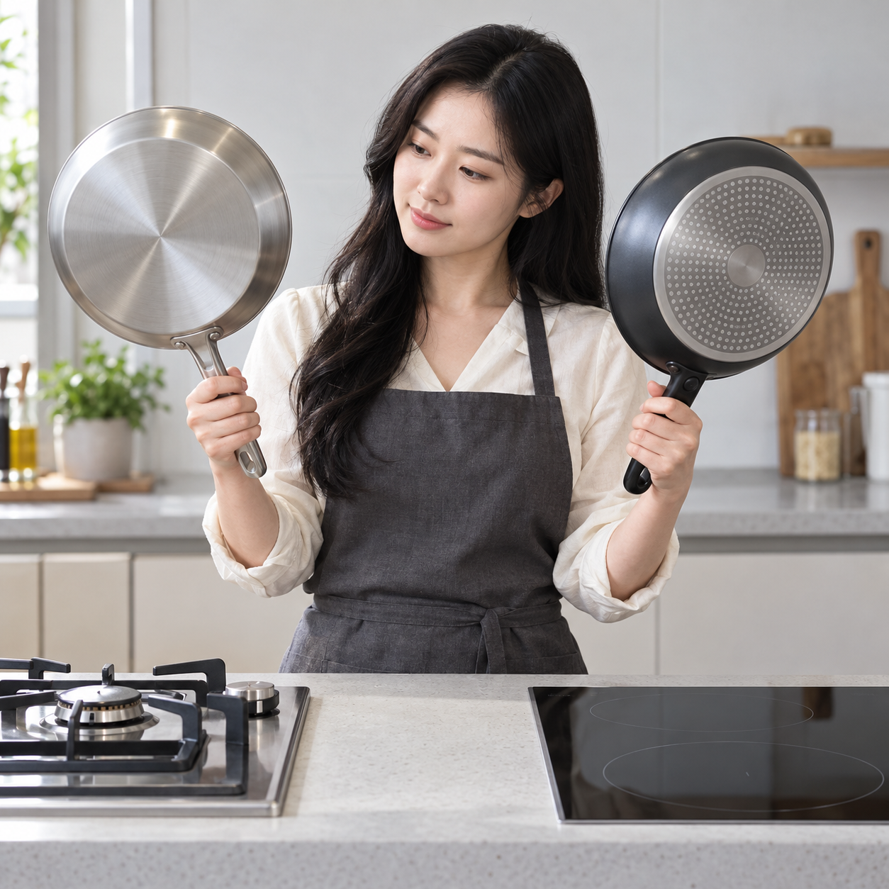 두 프라이팬의 바닥 평탄함과 열원 호환을 비교하는 성인 한국 여성 — 설명용 생성 이미지