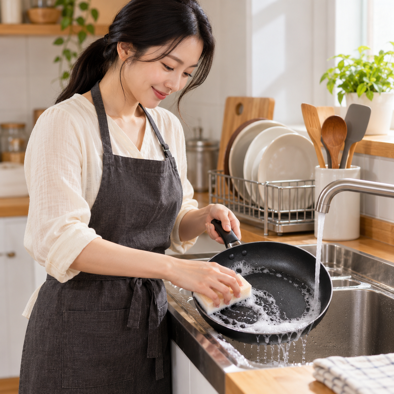 부드러운 수세미로 식은 코팅 프라이팬을 세척하는 성인 한국 여성 — 관리 설명용 생성 이미지