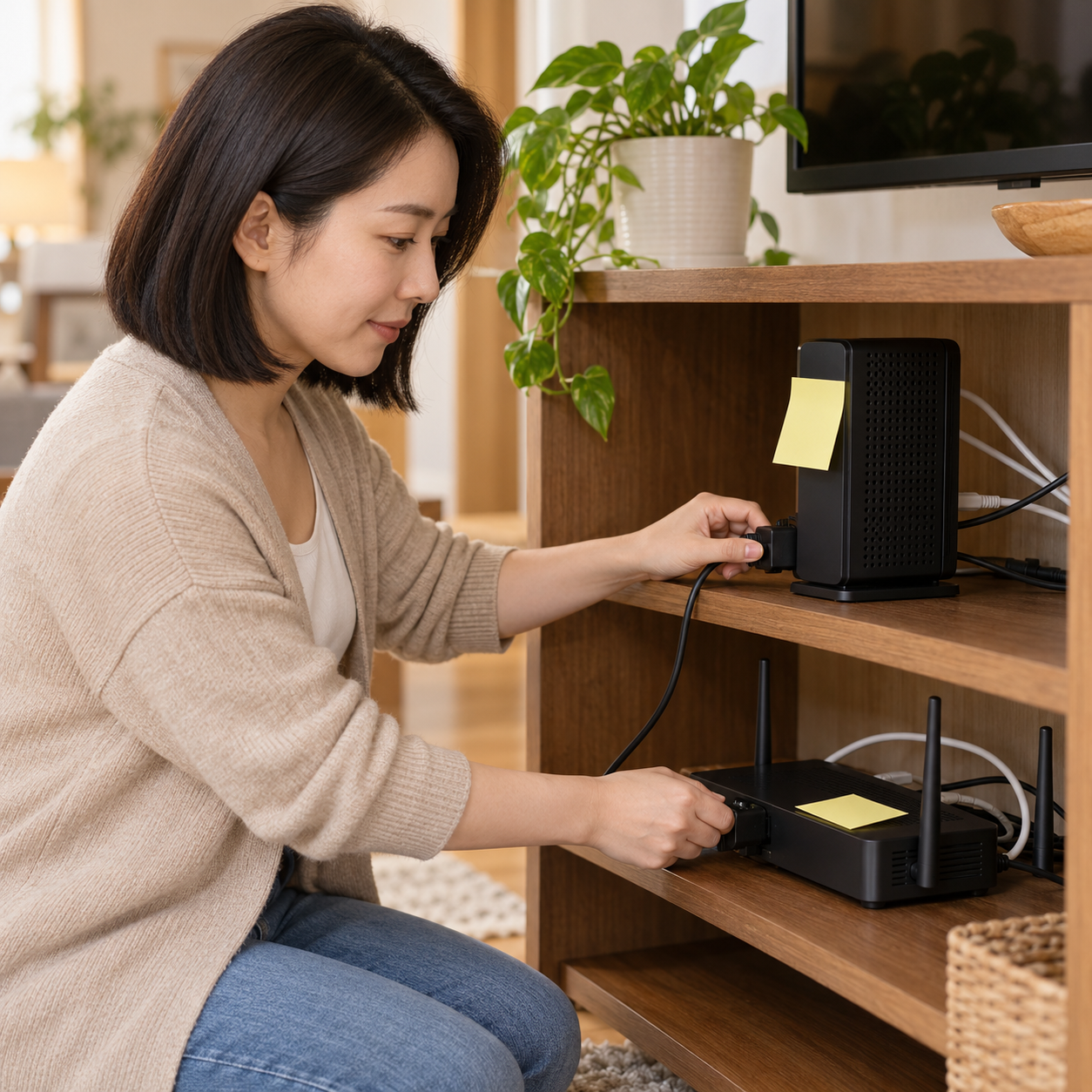 모뎀과 공유기의 전원 케이블을 순서대로 분리하는 성인 한국 여성 — 설명용 생성 이미지