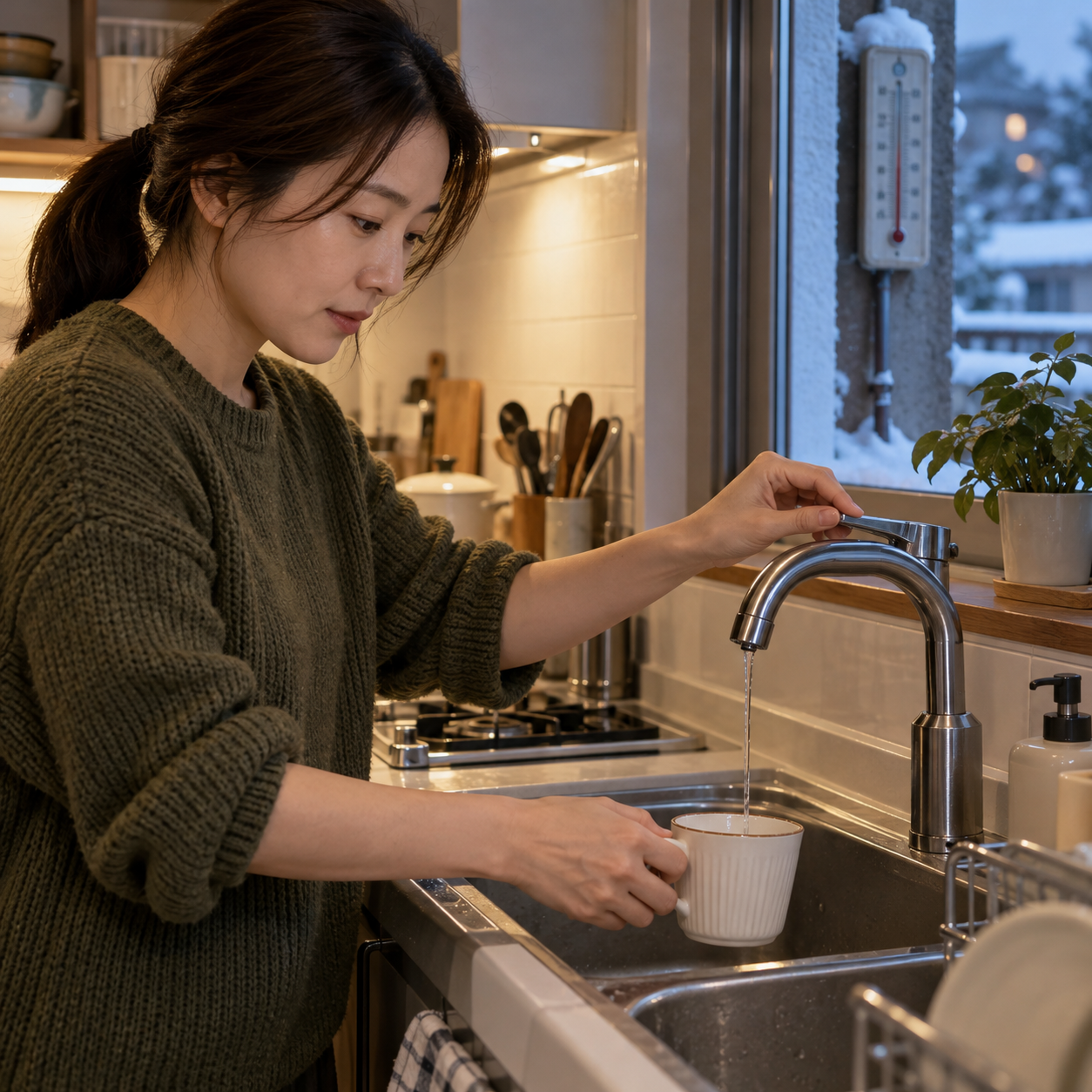 한파 전에 수도꼭지 물줄기를 가늘게 조절하는 성인 한국 여성 — 설명용 생성 이미지