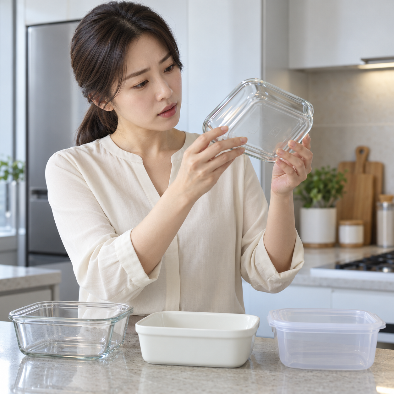 전자레인지 용기의 바닥 표시와 재질을 비교하는 성인 한국 여성의 설명용 생성 이미지
