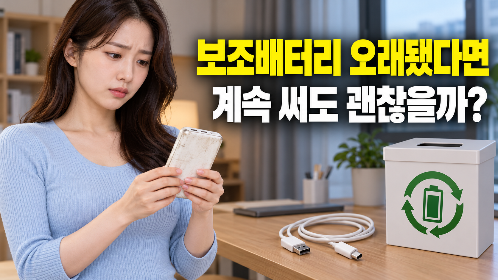 오래된 보조배터리 상태와 폐기 방법을 고민하는 성인 한국 여성의 설명용 생성 이미지