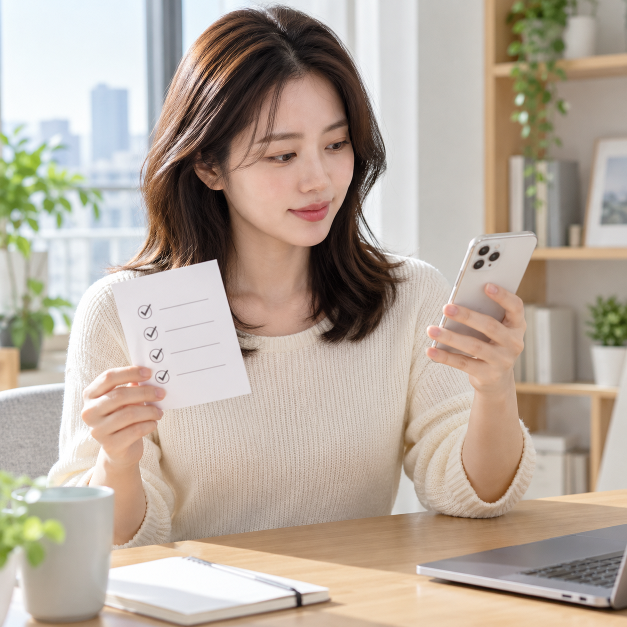 기기 찾기 설정과 점검표를 확인하는 성인 한국 여성의 설명용 생성 이미지