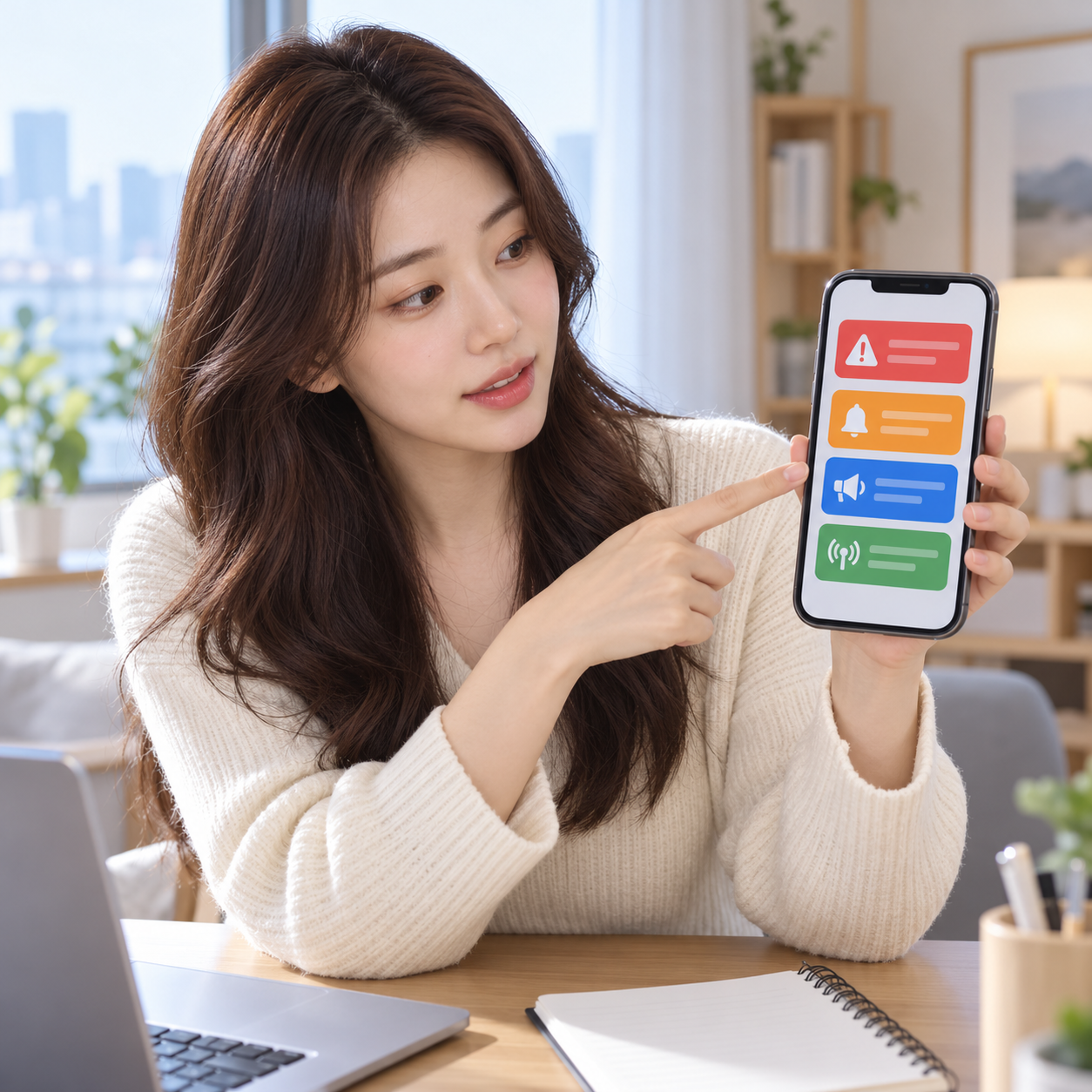 휴대전화의 여러 재난 알림 범주를 비교하는 성인 한국 여성의 설명용 생성 이미지