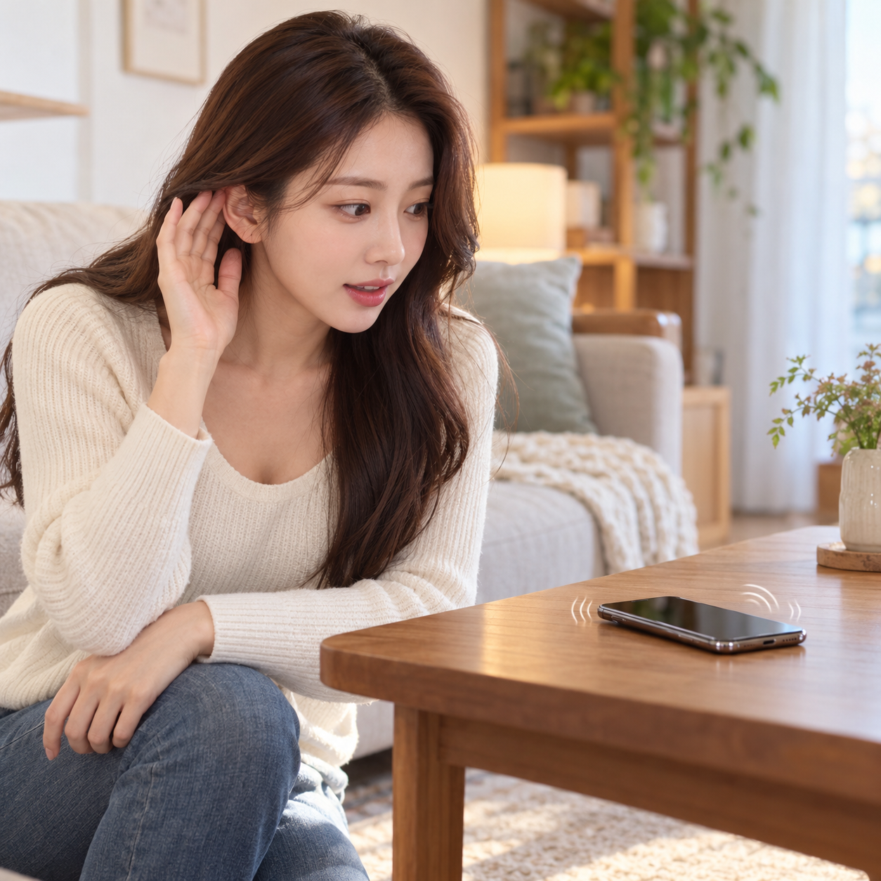 책상 위 휴대전화의 재난 알림 소리와 진동을 확인하는 성인 한국 여성의 설명용 생성 이미지
