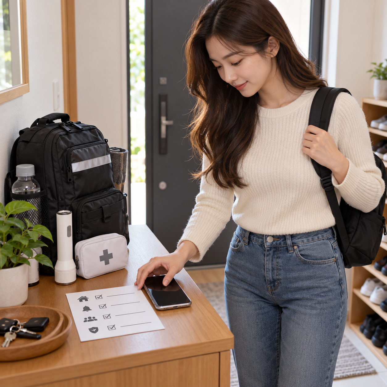 현관에서 휴대전화와 비상가방 점검표를 확인하는 성인 한국 여성의 설명용 생성 이미지