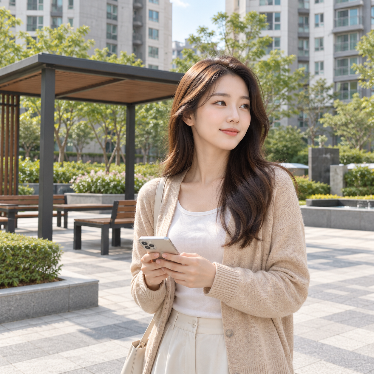 공동주택 바깥의 정해진 집결지에서 가족 연락을 확인하는 성인 한국 여성의 설명용 생성 이미지