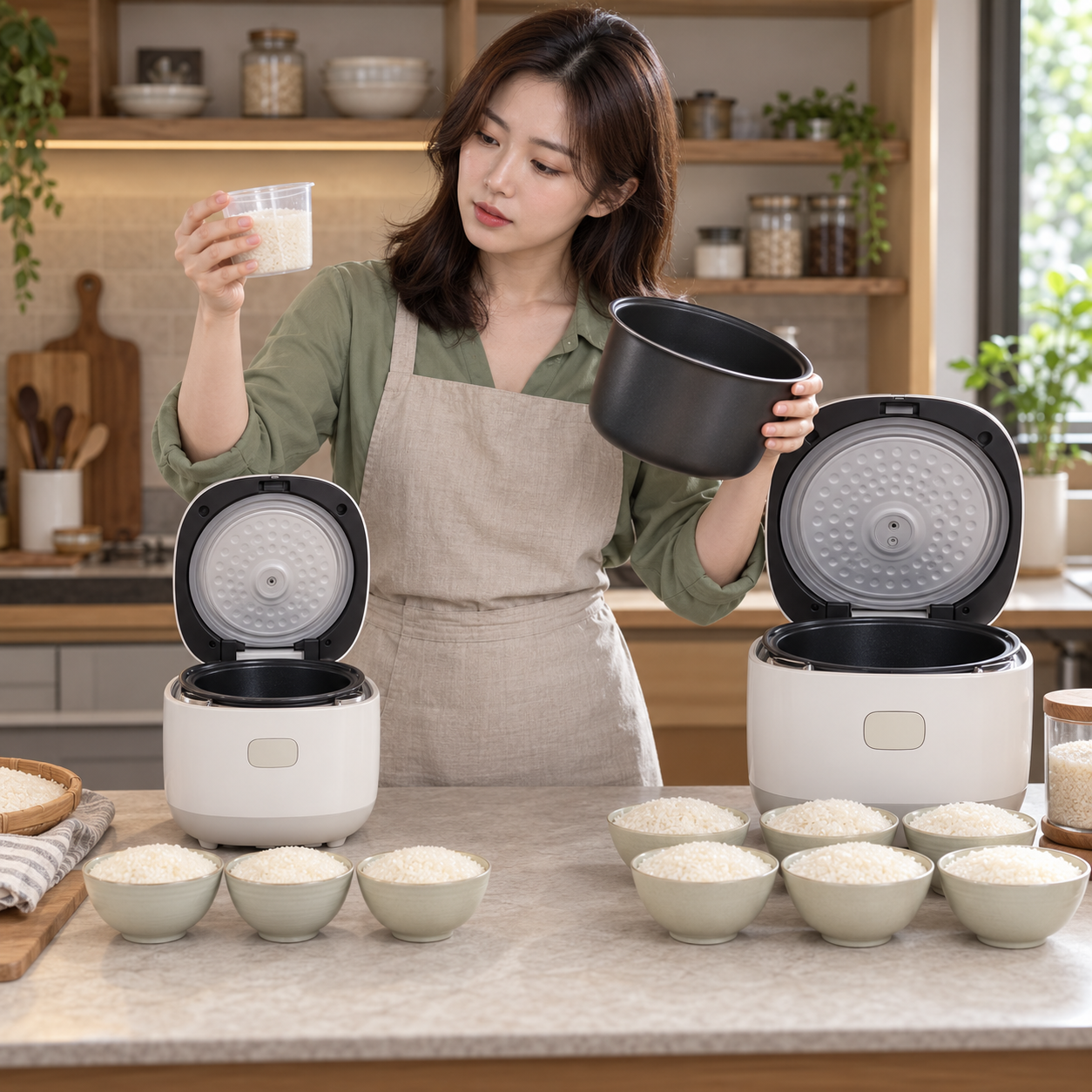 서로 다른 크기의 전기밥솥과 내솥 용량을 비교하는 성인 한국 여성의 설명용 생성 이미지