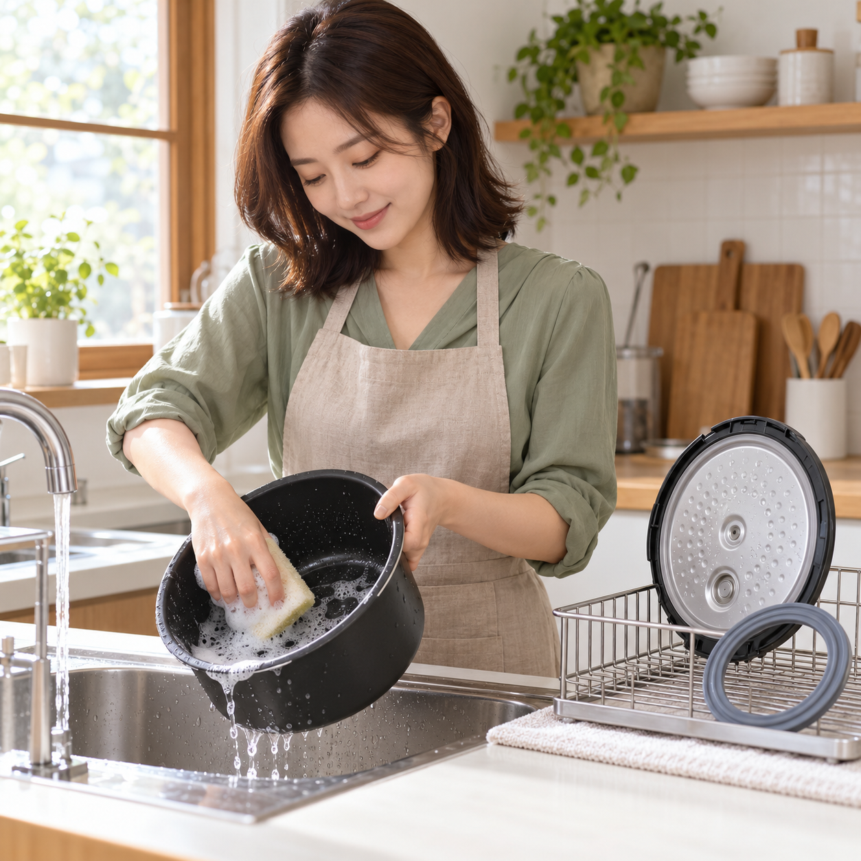 부드러운 수세미로 내솥을 씻고 분리 부품을 건조하는 성인 한국 여성의 설명용 생성 이미지