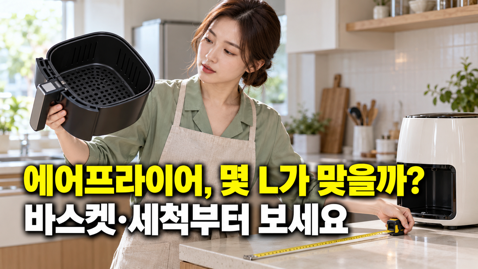 설명용 생성 이미지: 성인 한국 여성이 에어프라이어 바스켓과 설치 공간을 비교하는 장면