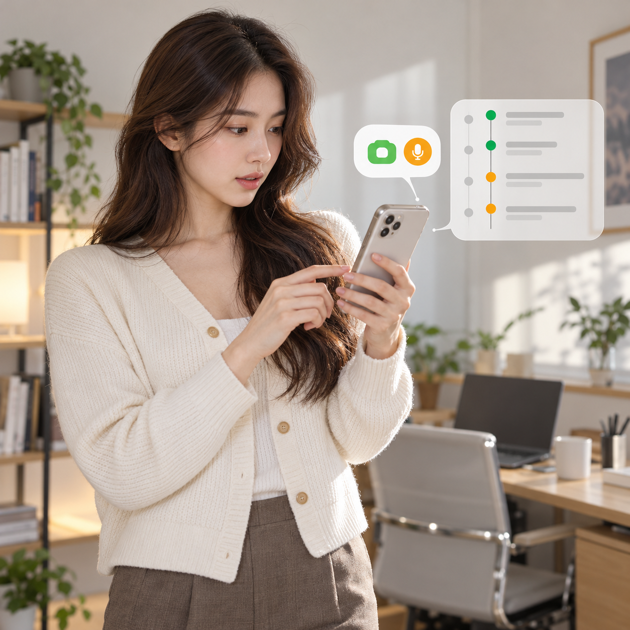 설명용 생성 이미지: 성인 한국 여성이 카메라와 마이크의 최근 접근 표시를 살펴보는 장면